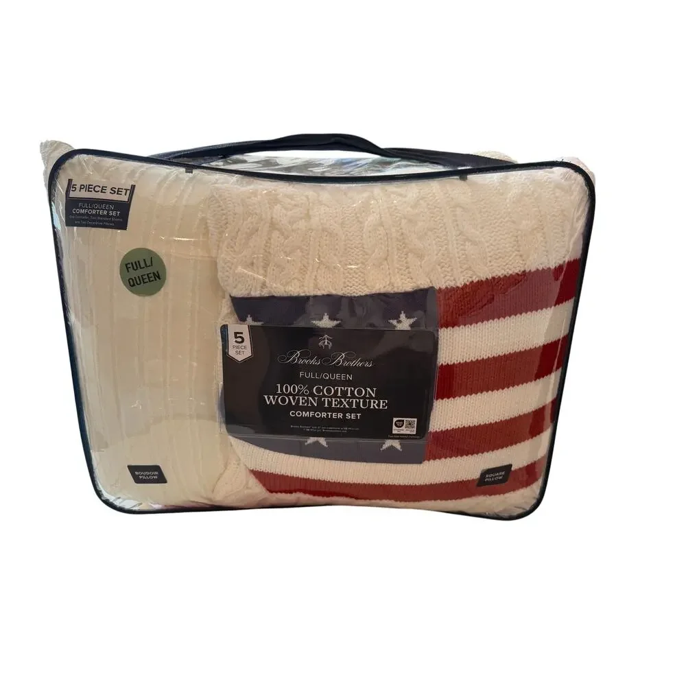 Brooks Brothers Ivory 100% Cotton Woven Texture Comforter 5 Pc Set Full/Queen